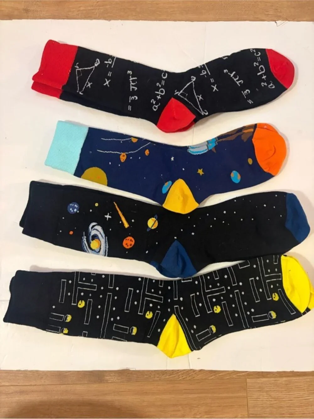 4-Pack Space Science Novelty Crew Socks Bundle Pac-Man Galaxy Math